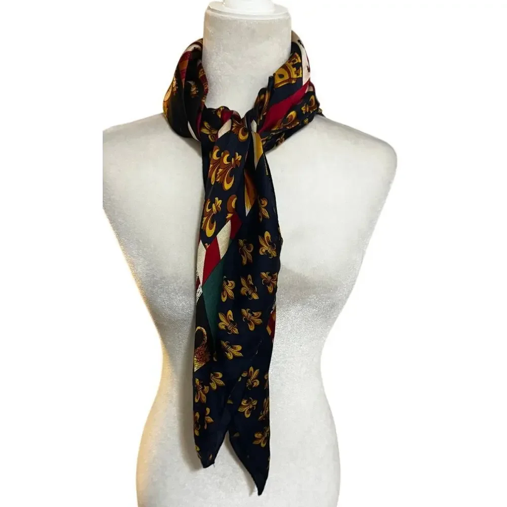 Vintage Adrienne Vittadini 100% Silk Scarf Heraldic/Equestrian Crest Print 32x34